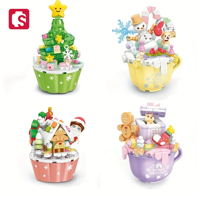 SEMBO Christmas Cupcake Mini Snowman Christmas Tree Gingerbread House Gift Box Model Building Blocks Romantic Home Decoration