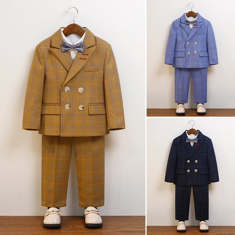 Autumn 1-10Y Boys Plaid Suit Loose Blazer Vest Pant Children Boys Suits Outfits Set British Gentleman's Photography Suit For Boy