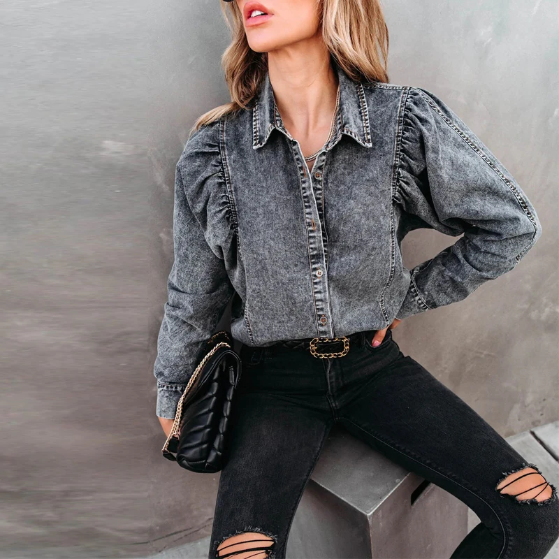 High Street Retro Denim Shirt Tops Women New Autumn Casual Loose Lapel Blouse Tee 2023 Female Single Breasted Solid Office Shirt