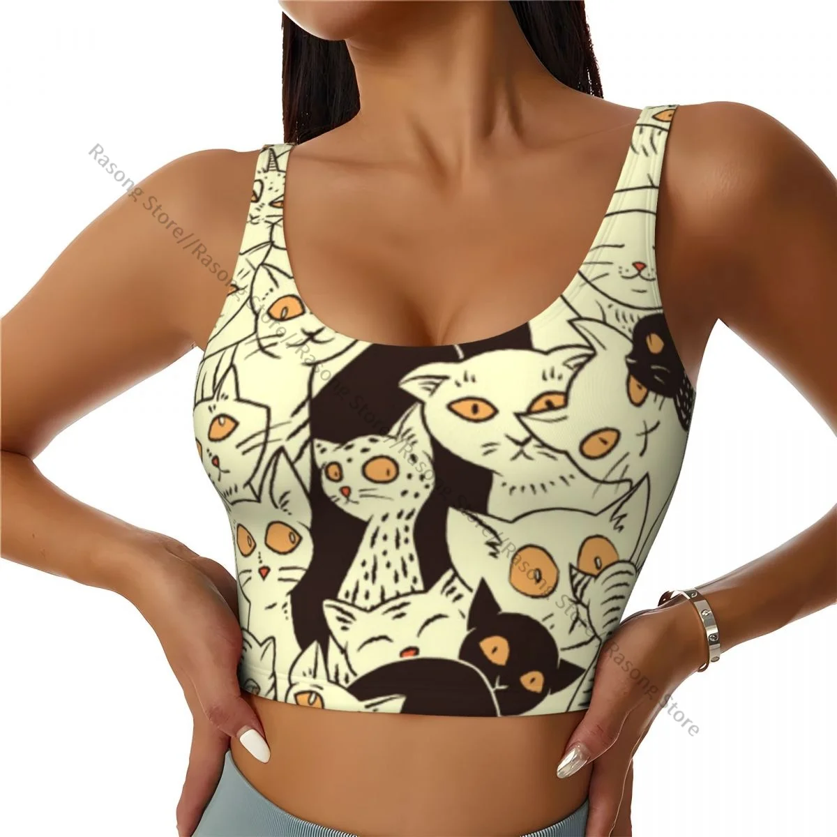 Sports Bra Women Running Yoga Clothes Vest Modern Big Eyed Funk Style Kitties With Retro Influences Gathering Fitness Vest