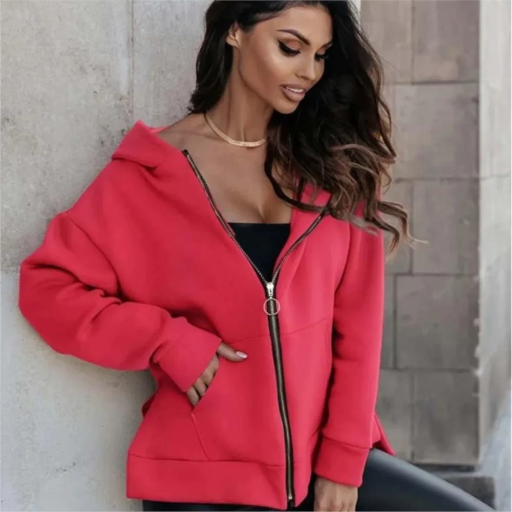 

Solid Color Casual Fleece Sweater Autumn Winter New Women's Zipper Cardigan Hooded Loose Fit With Pocket Hoodie Ropa Mujer