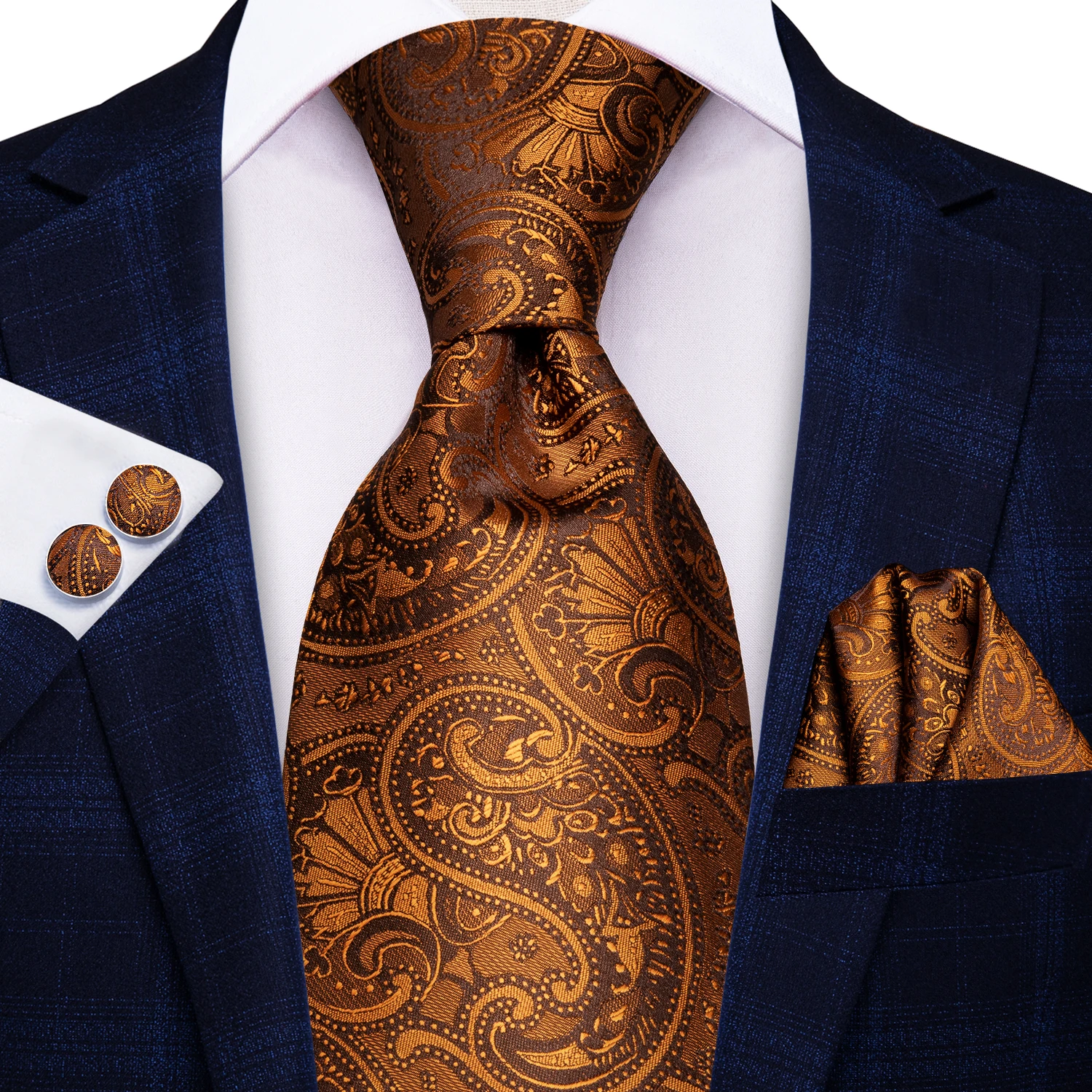 Hi-Tie Orange Gold Fashion Mens Paisley Silk Tie Set Jacquard Woven Necktie Hanky Cufflinks For Wedding Business Party