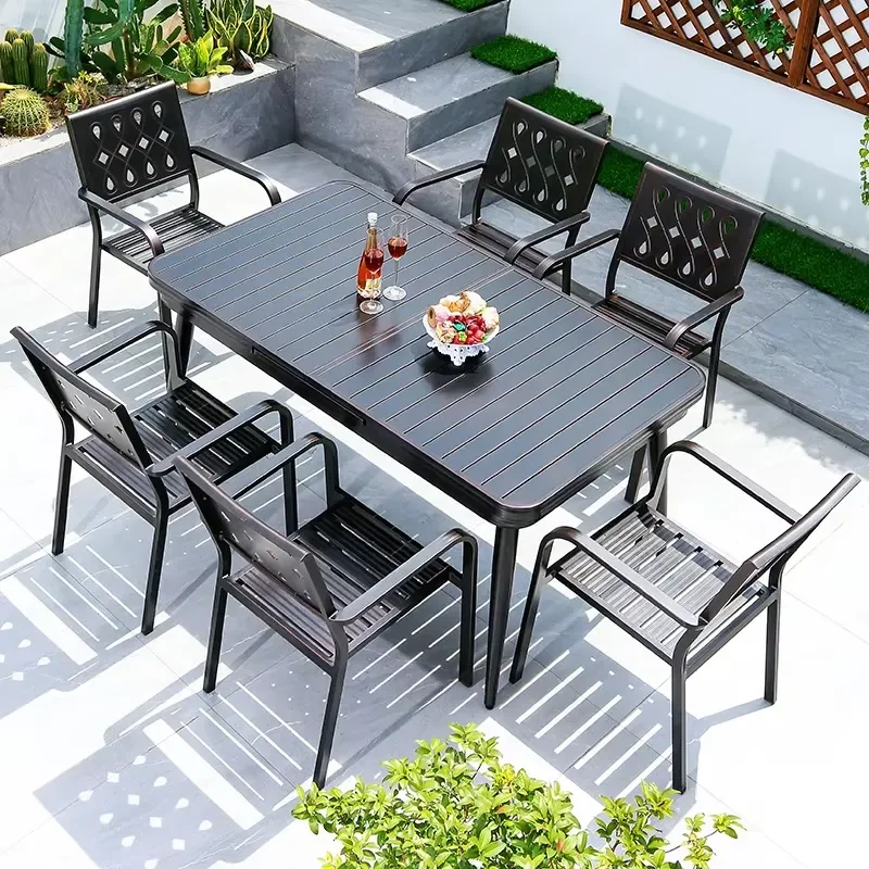 2024 SUMMER HOT SELLING GARDEN FURNITURE SETS RECTANGULAR HIGH QUALITY ALL ALUMINUM ALLOY TABLES AND CHAIRS FOR GARDEN