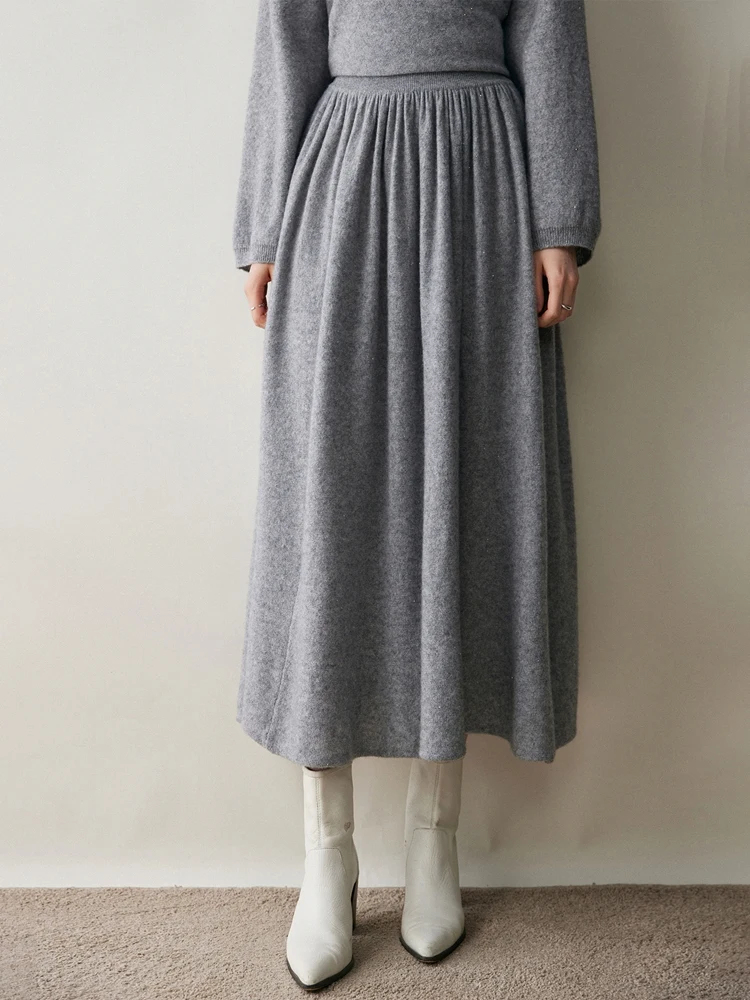 

100% Cashmere Skirt Autumn Winter Woman's A-Line Full Skirt Ankle-Length Empire Elegant Soild Versatile Knit Dress High Quality