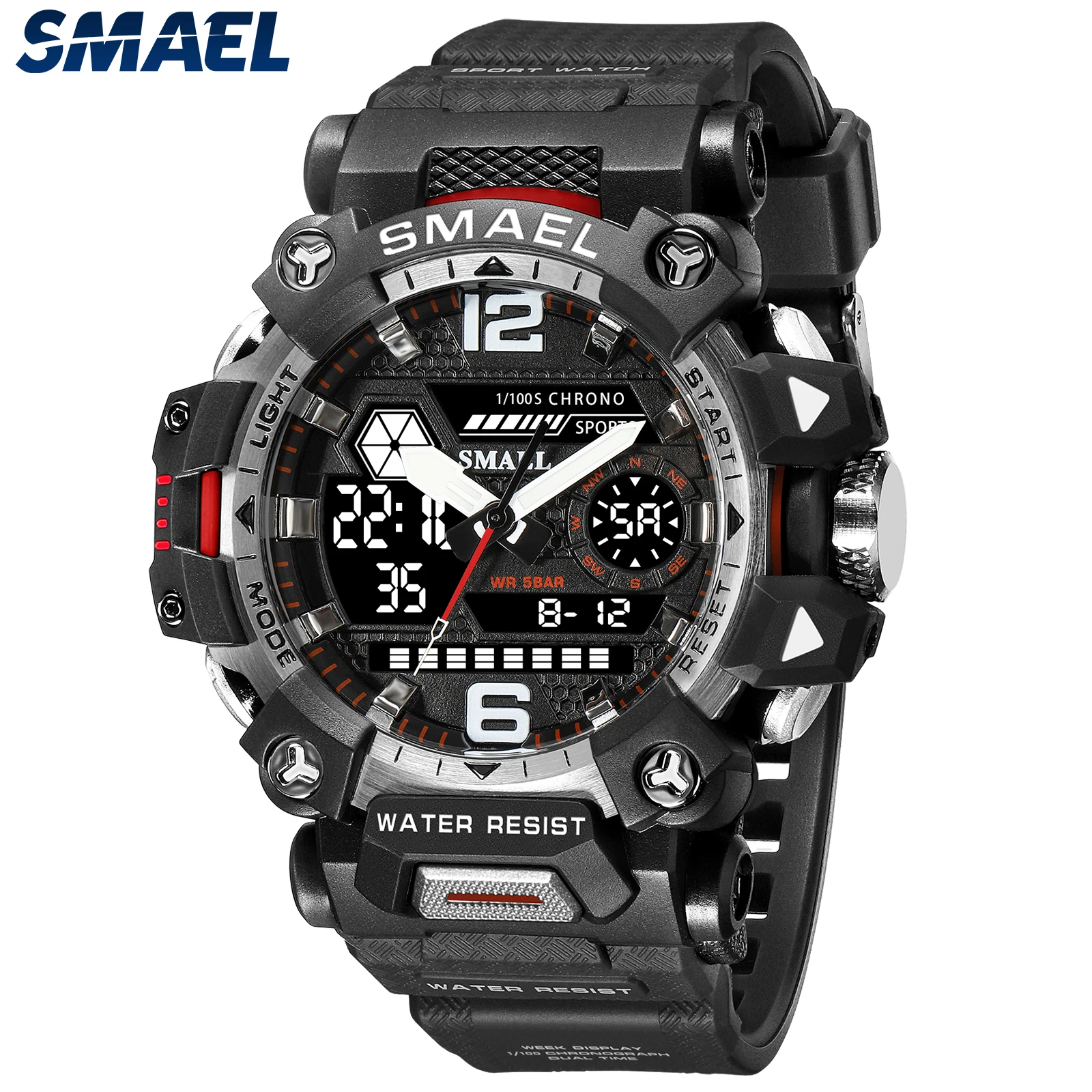 SMAEL 8072 Dual Display Quartz Electronic Watch Outdoor Tactical Men\'s Alloy Military Style Watch Night Glow Waterproof