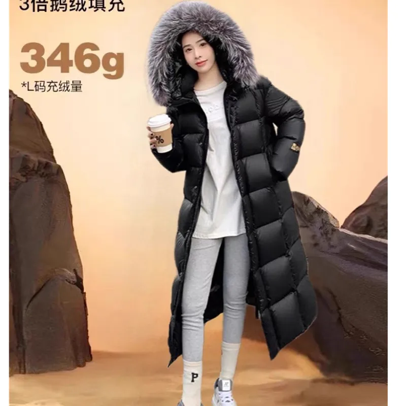 Jaqueta de penas de ganso de alta qualidade feminina inverno 2025 nova gola de pele de raposa casaco com capuz preto feminino grosso longo parker casaco