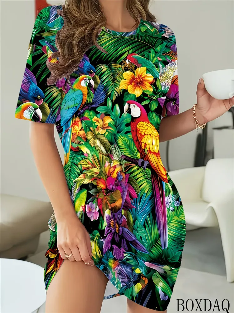 Summer Women's Casual Dresses Short Sleeved Round Neck Bird Print Loose Home Dress