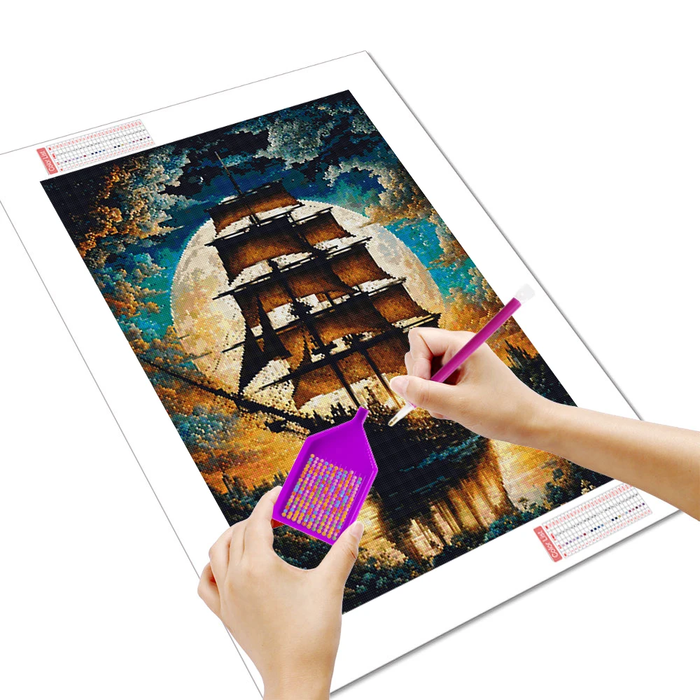 Full Square Round Diamond Painting Moon Sailboat Diamond Embroidery Landsacape Art Wall Decor,frameless