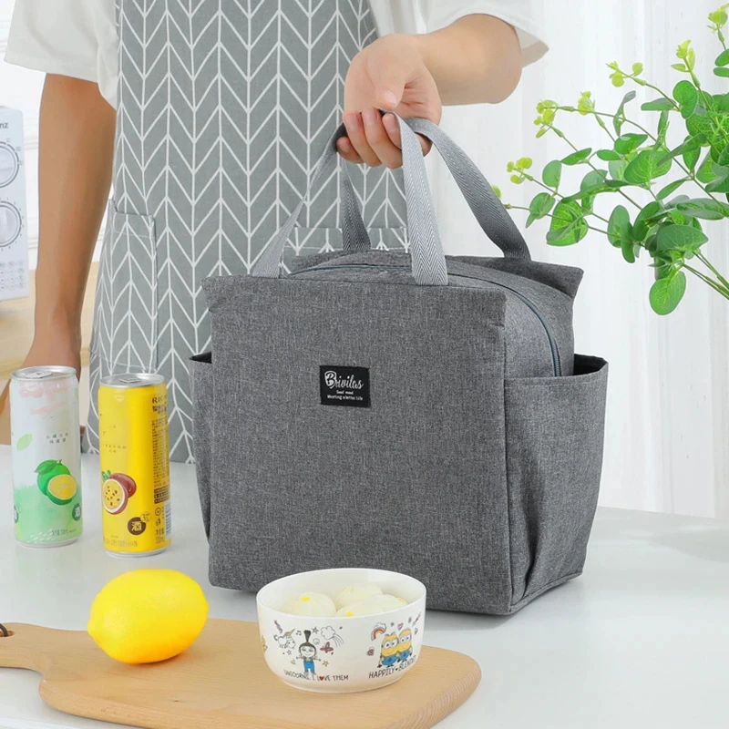 Solid Color Lunch Bags Large Capacity Double Side Pockets Handbag Picnic Food Storage Bag Heat Insulation Lunch Box Bag Oxford