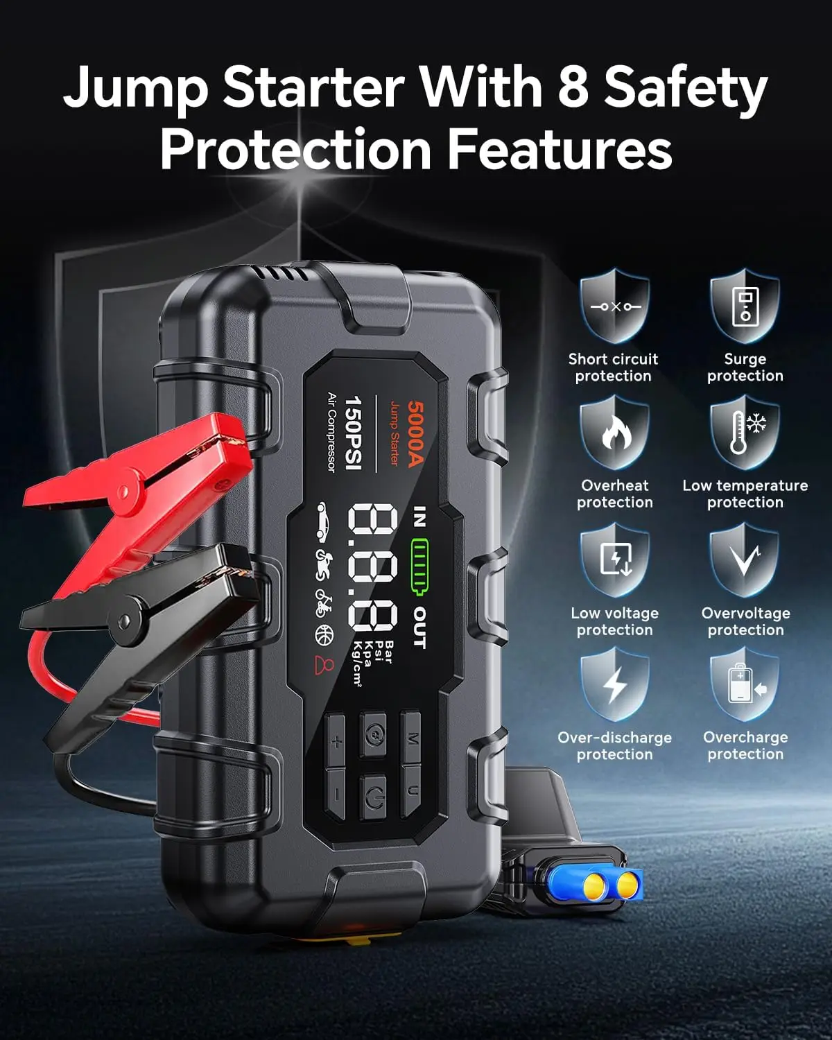 Jump Starter 5000A، 12V مع ضاغط هواء، PD 45W، ضوء LED، كابلات توصيل، شاشة، حقيبة تخزين