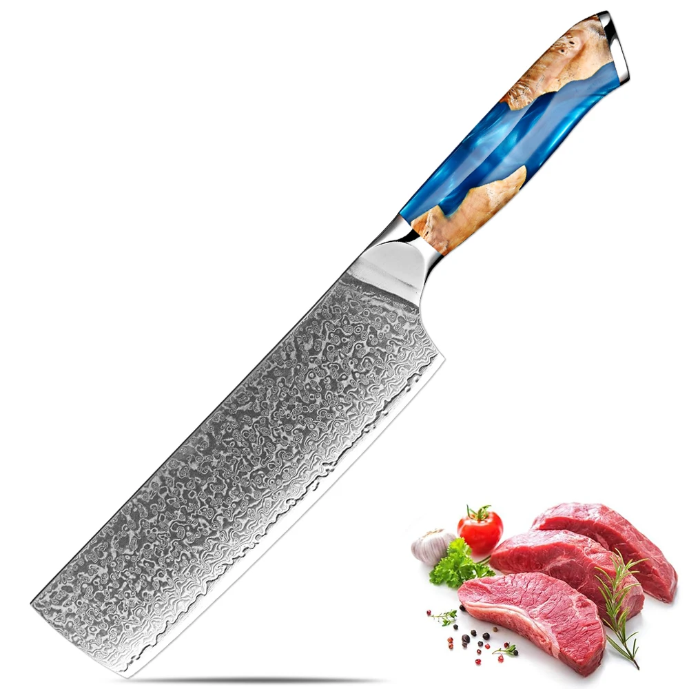 

Japanese 7 Inch Nakiri Knife Damascus Steel Sharp Cleaver Knife Professional Vegetable Knife Blue Resin Stabilized Wood Handle