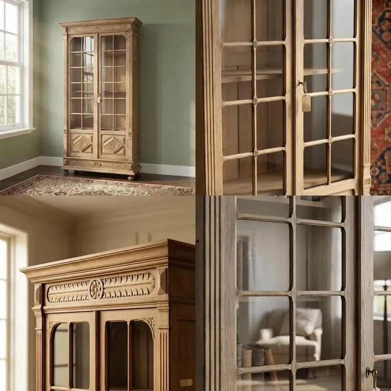 French Retro Style Solid Oak Carved Display Cabinet Glass Door Rustic Natural Wood Grain High Cabinet Locker