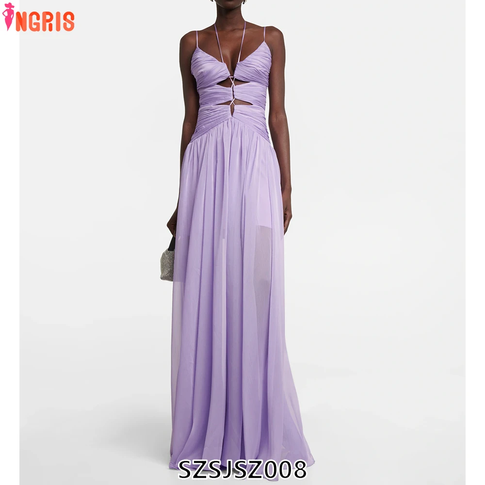 

2025 New Arrivals Women Purple Spaghetti Strap Hollow Out Long Chiffon Purple Maxi Dress Holiday Party Outfits-SZSJSZ008