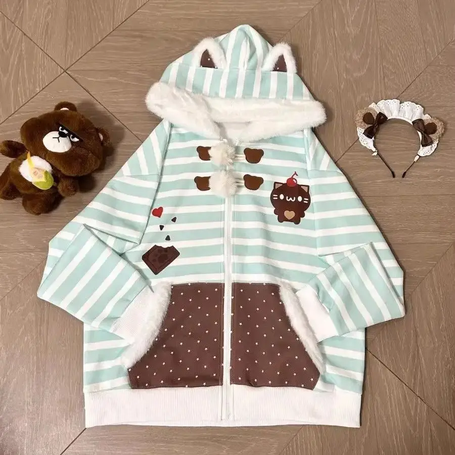 

Японский осенне-зимний милый плюшевый кошачий уши в полоску в горошек, свободный кардиган с капюшоном для женщин INS