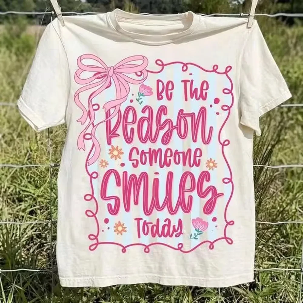 Cute Coquette Pink Ribbon Bow Graphic Tee Be The Reason Someone Smiles Today Positive Quote Striped T-Shirt Sweet Aesthetic Casual Lounge Top