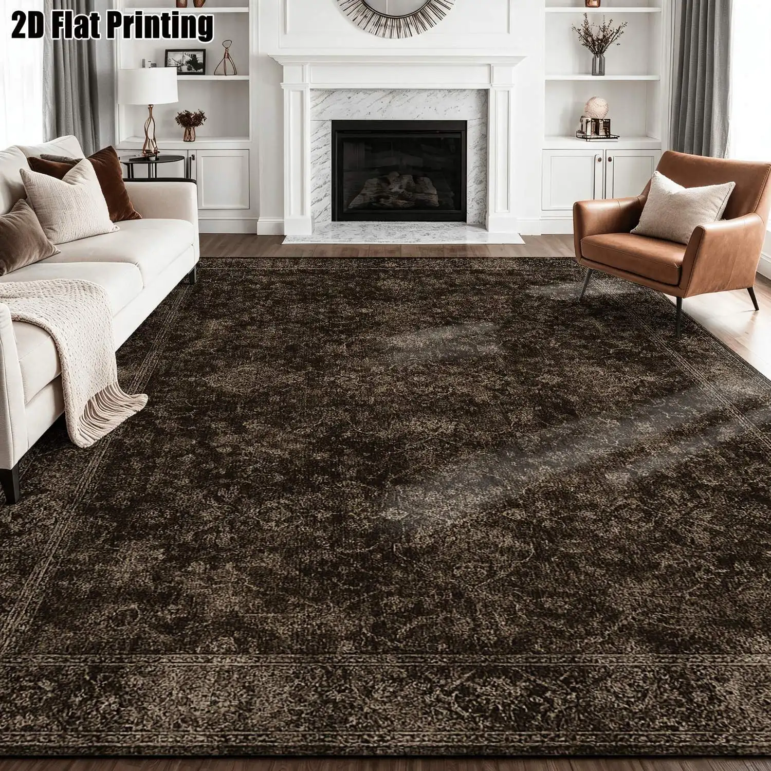1Pc 2D Printed Carpet: Deep Brown Retro Floral, European/Retro/Geometric/Bohemian Style, Home Decor, Multi-Size, Machine Washable, for Living Room, Bedroom, Dining Room, Entrance, Study