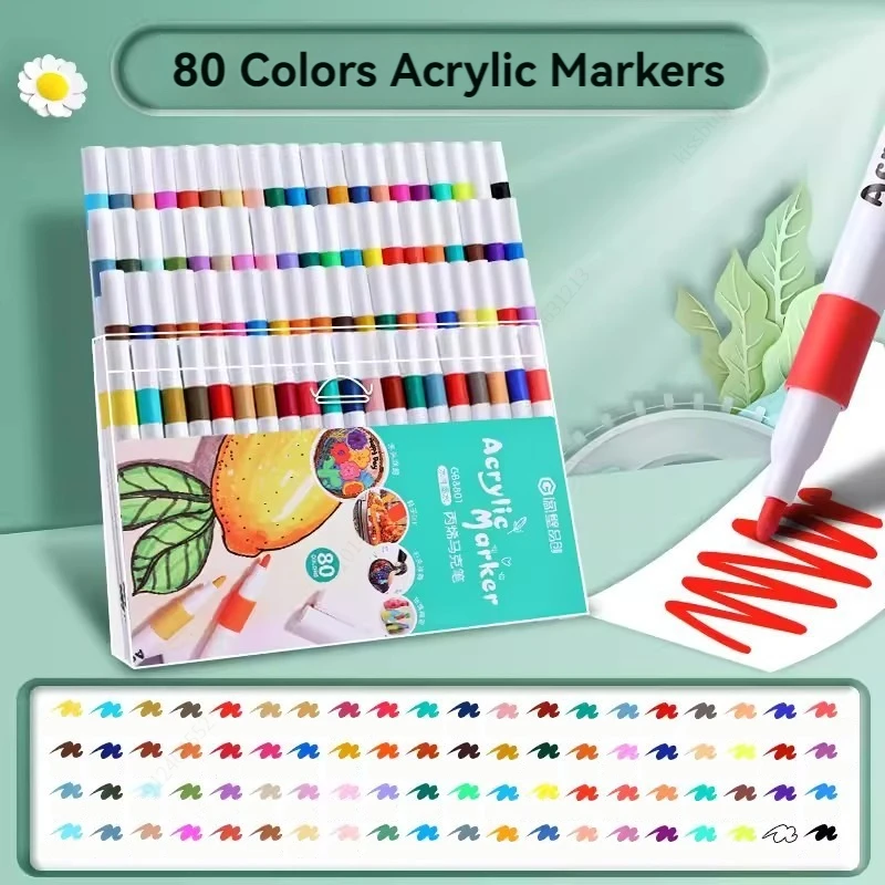 24-80 Colors Acrylic Markers Pen Set Paint Art Marker Soft Tip Pen for Children Stone Paint Ceramic Glass Wood Fabric Painting