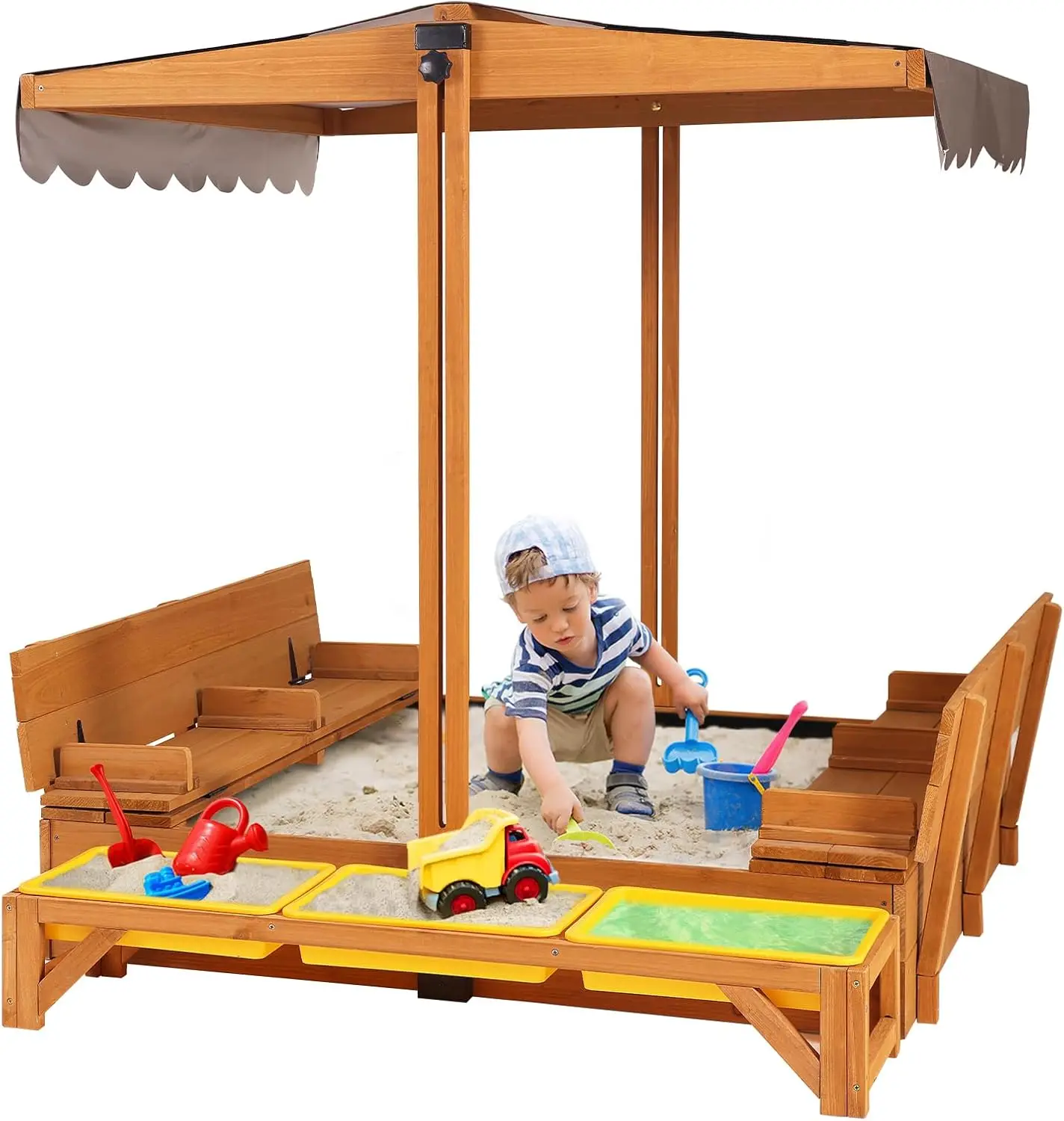 

Wooden Sandbox Backyard Sand Box with Cover, Outdoor Sandbox for Kids with 3 Toy Bins