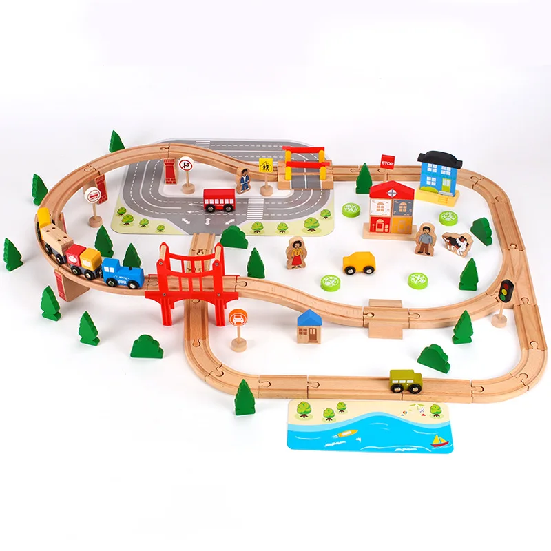 92 Pieces Wooden Track Set Transport Bridge Track Scene Accessories Kids Education Assembly Track Toy Compatible Wooden 1:64 P44