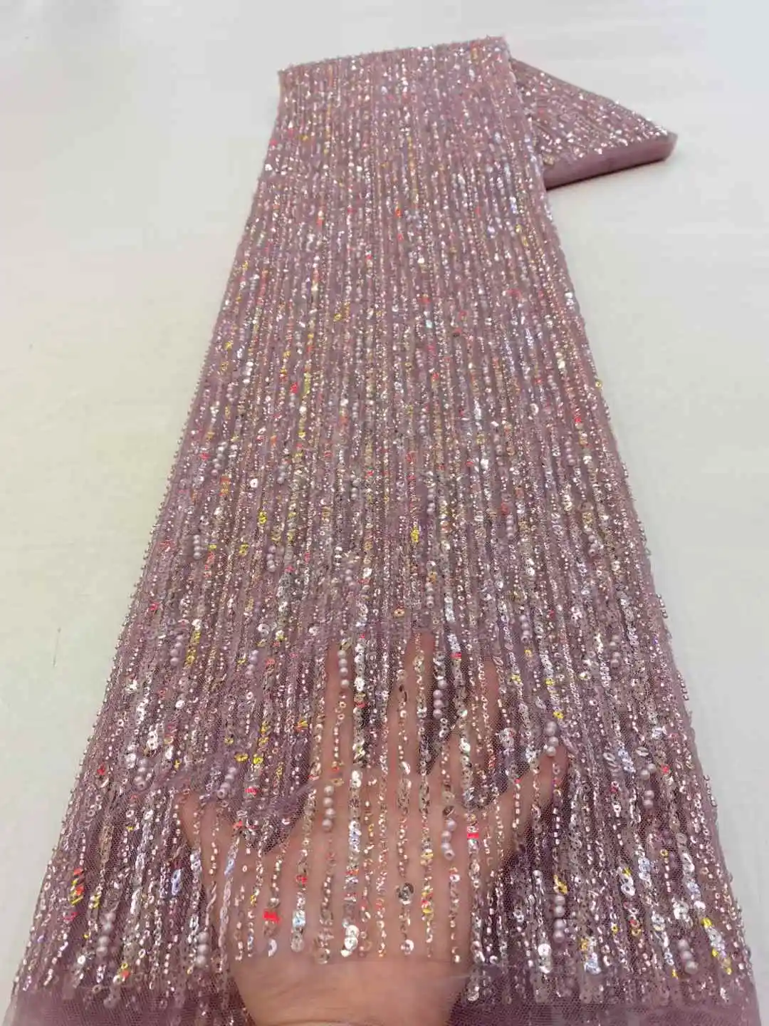 

African Beads Lace Fabric 5 Yards Sequins Embroidery Nigerian Lace Fabric 2025 High Quality Laces Groom Tulle French For Dress