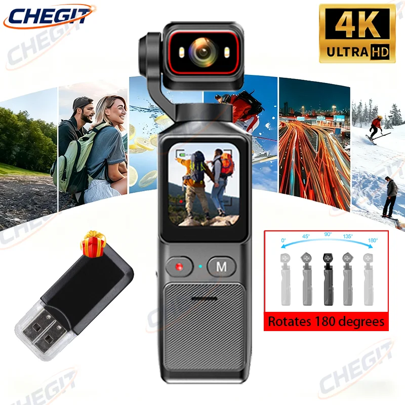 

4K Pocket Camera with Touchscreen WiFi Outdoor DV 180° Rotatable UHD Anti-shake Bodycam Sports Action Portable Security Recorder