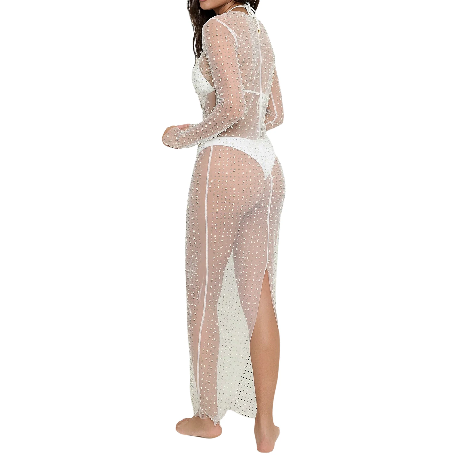 Women See-through Long Sleeve Dress Summer Skinny Long Sleeve Round Neck Back Slit Dress for Clubwear Cocktail with Pearl