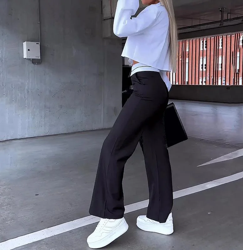 Autumn New Fashion Loose Commute Pants Set with White Short Long Sleeved Shirt Paired with High Waisted Slim Straight Leg Pants