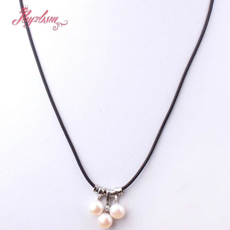 Natural 3 Pc Freshwater Pearl Round Stone Beads Silver Plated Pendant Leather Necklace For Women Christmas New Year Gift 17\