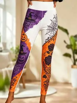 Women Mid‑Rise Fleece Lined Leggings, Halloween Witch Hat Pumpkin Rose Spider Web Print Slim Stretch Pants