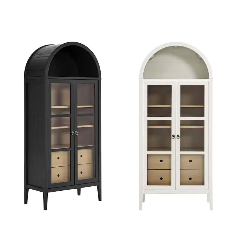 Factory Direct 2026 American light luxury solid wood floor-to-ceiling bookcase living room wall arched glass door storage displa