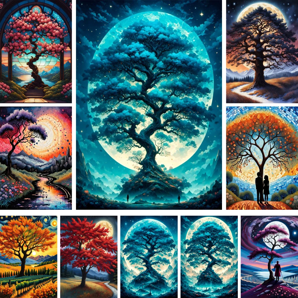 Fantasy Tree Landscape Pre-Printed 11CT Cross Stitch Embroidery Set Painting Handiwork Knitting Sewing Different Mulina Jewelry