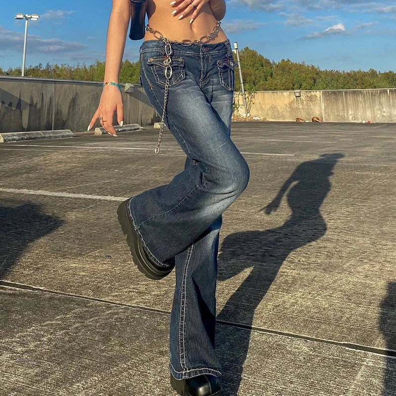 

Korean Style Harajuku Hot Girls Jeans Y2K Vintage Low Waisted Pockets Skinny Flare Pants Blue Washed Denim Cargo Trousers