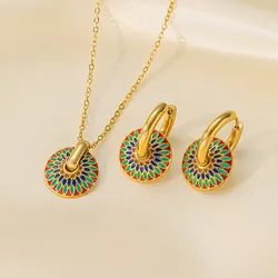 Kolmnsta Colorful Enamel Choker Titanium Steel Pendent Necklace For Women Girl Bohemian Daisy Stud Earrings Handmade Jewelry Set