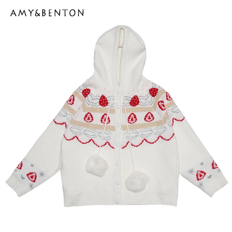 

2025 Autumn Winter New White Sweet Cute Women's Cardigan Original Design Loose Versatile Mohair Sweater Knitted Jacket Ladies