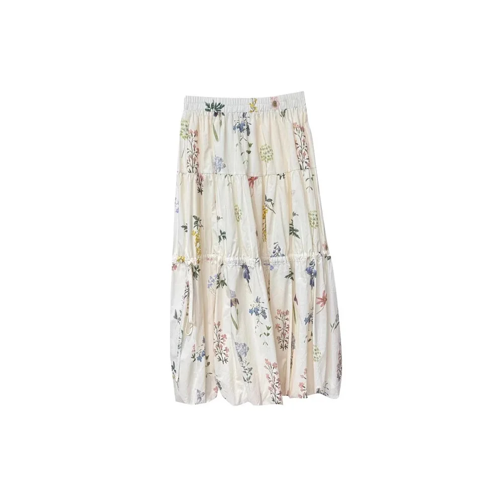 CLAYMIX 2025 Floral Elastic Waist Midi Skirt For Women's Spring Summer A Line Skirt