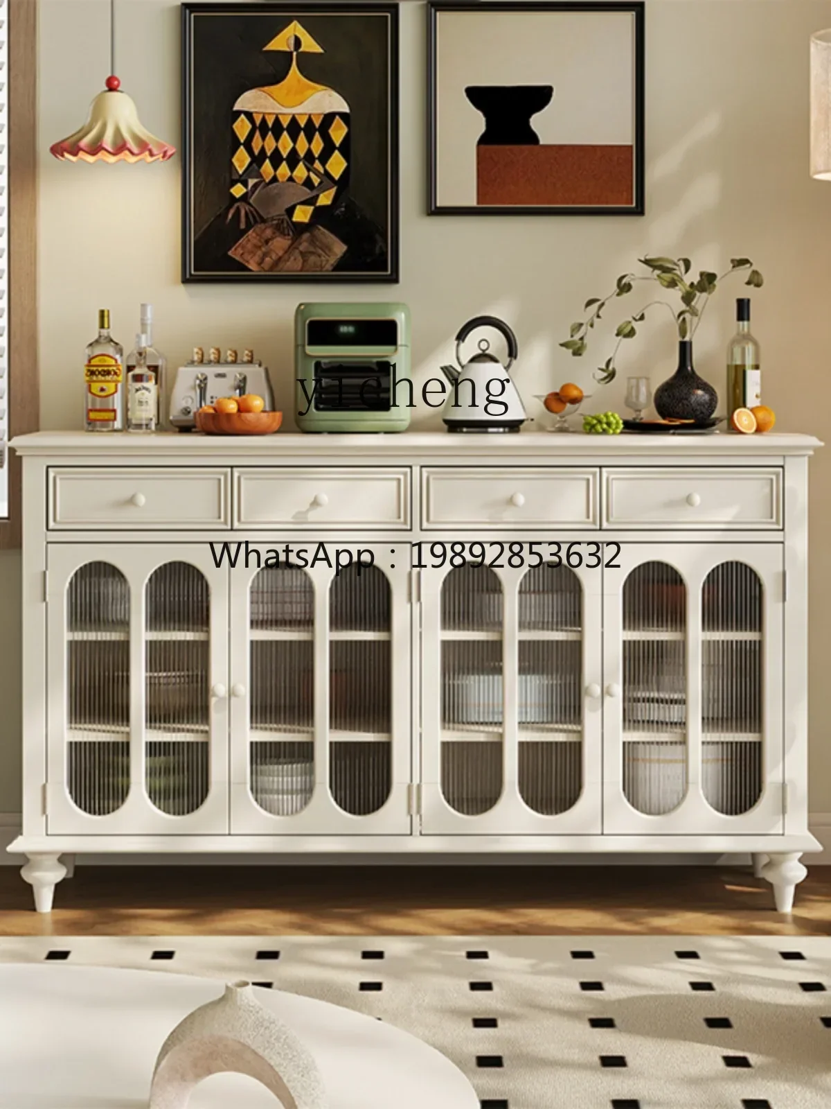 

A1Sideboard Cabinet Solid Wood Tea Cabinet Cream Style Changhong Glass Living Room and Kitchen Storage Cupboard