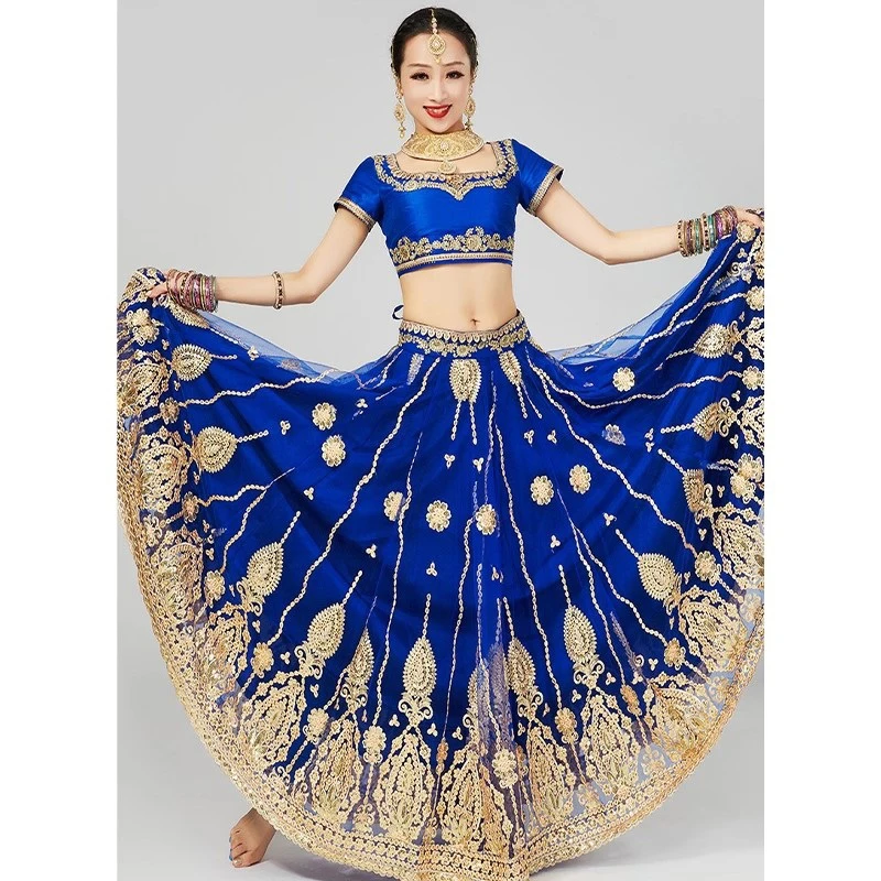 Luksusowy strój do tańca indyjskiego dla kobiet, krótki top, duża rozkloszowana spódnica, taniec brzucha, taniec bollywoodzki, strój sceniczny DQL12070