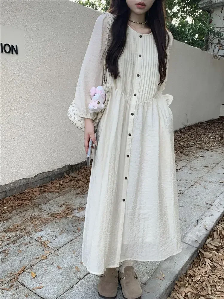 Design High Waist Loose and Long A-line Skirt Trendy Korean Pleated Long Sleeved Dress Women's New