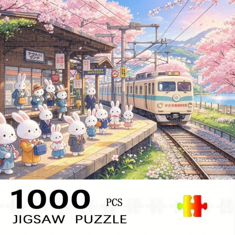 Large Size Jigsaw Puzzle 500/1000/1200/2000 Pcs Sakura Train Station Cute Rabbit Jigsaw Puzzles for Adults Stress Relief Gift