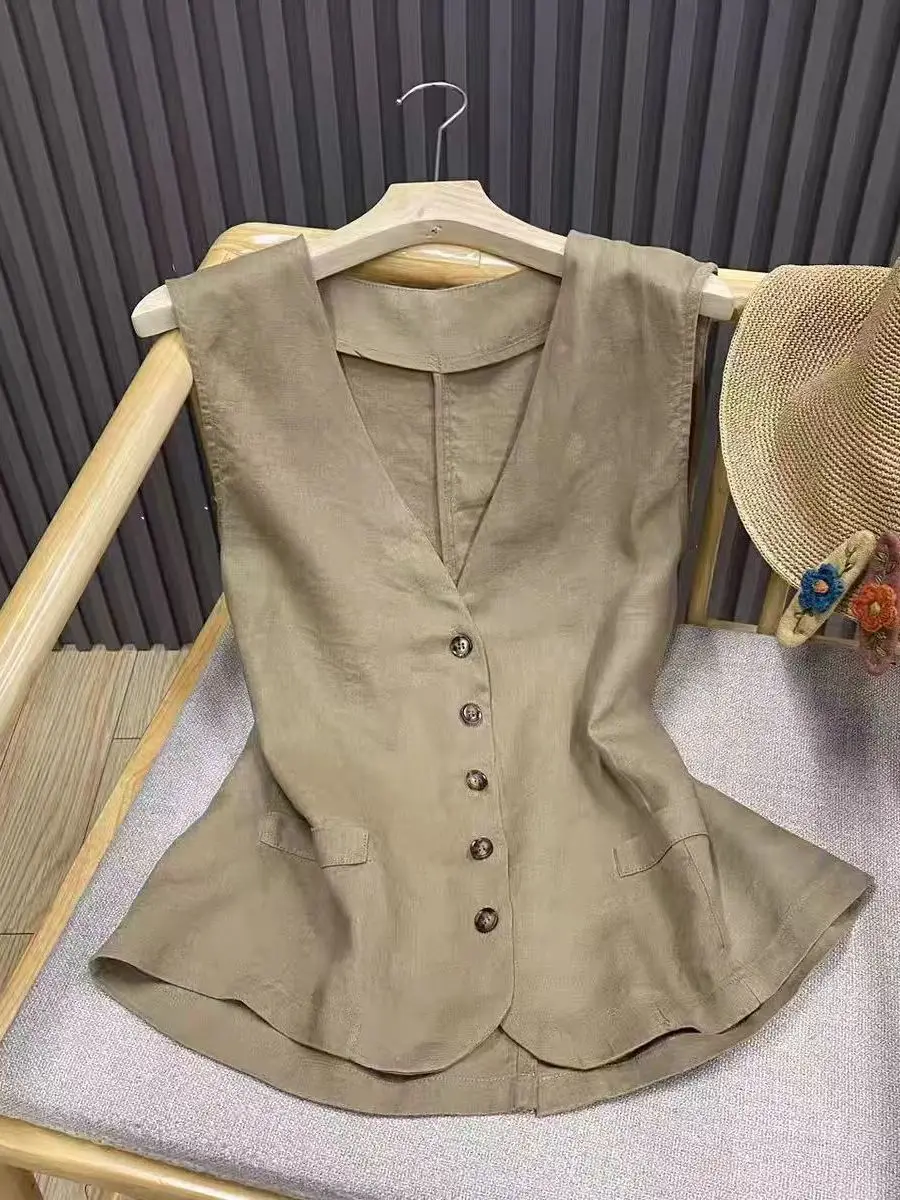 Loose Fit Linen V-Neck Sleeveless Suit Jacket Women's Thin Vest Top Korean Style Summer Fashion Inner Wear Short Length