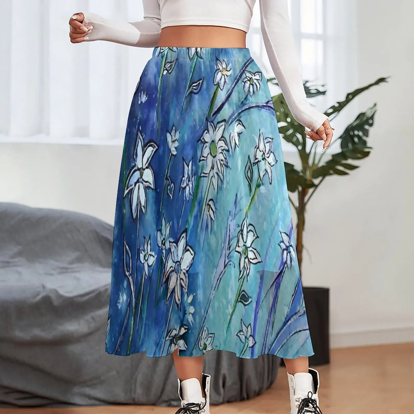 Retro Blue Fower Skirt Female Dainty Daisies Cute Boho Skirts Printed Elastic Waist Harajuku Casual Skirt Large Size