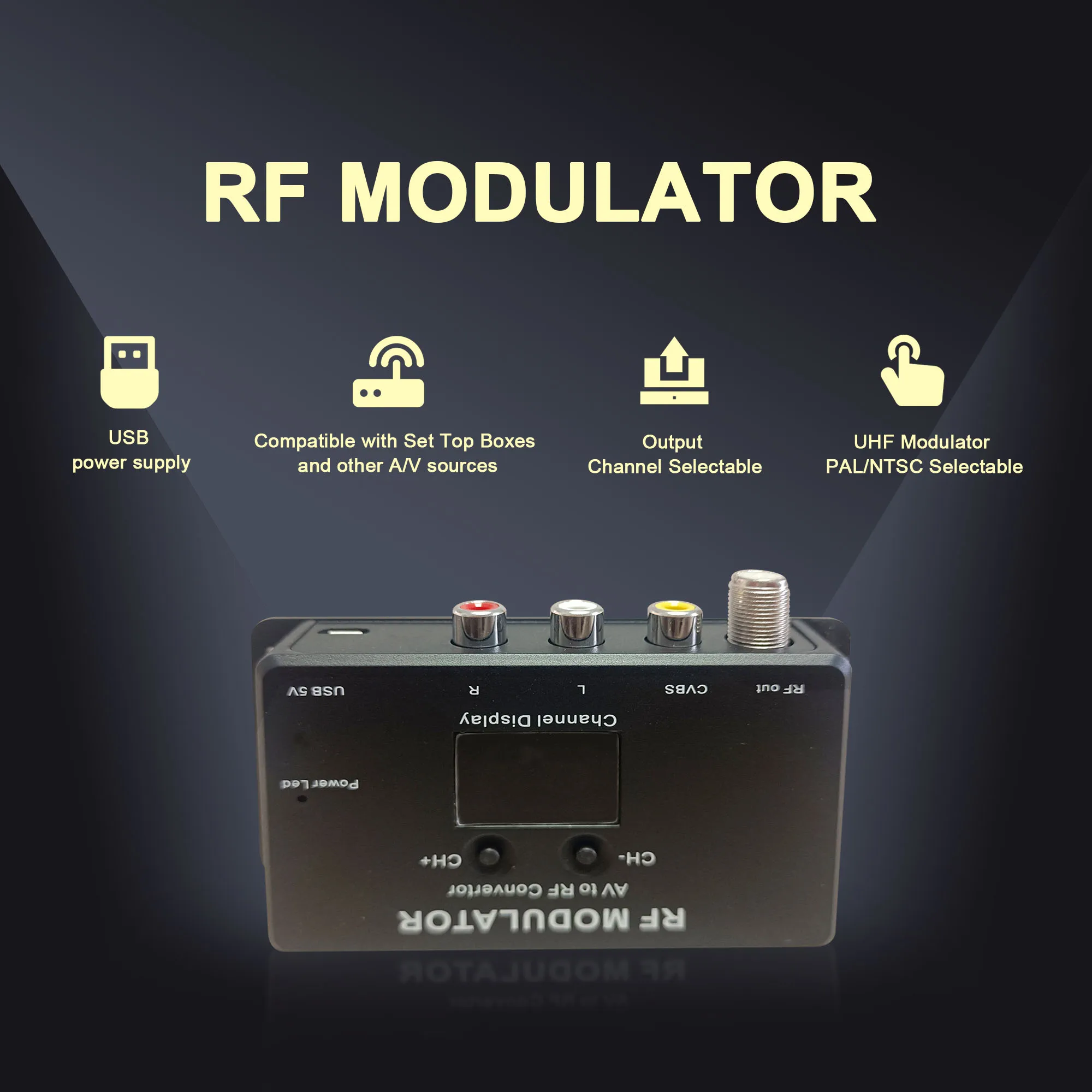 Modulador analógico AV para RF de canal único, programas autoprodutados, misturador de inserção, frequência analógica de TV via cabo ajustável