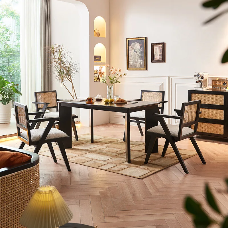 Black Wabi-Sabi & Nordic Modern Minimalist Rattan-Woven Solid Wood Dining Table and Chairs Set for Restaurant