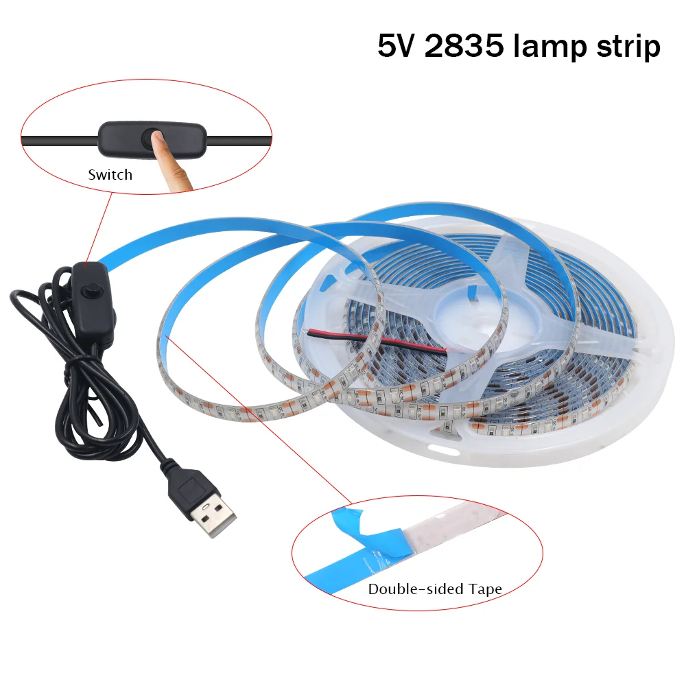 USB LED Strip Light 5V TV Background Flexible Stripe Ribbon With ON/OFF Switch SMD2835 60Leds/m 3528SMD Cabinet Rope Tape Lamp