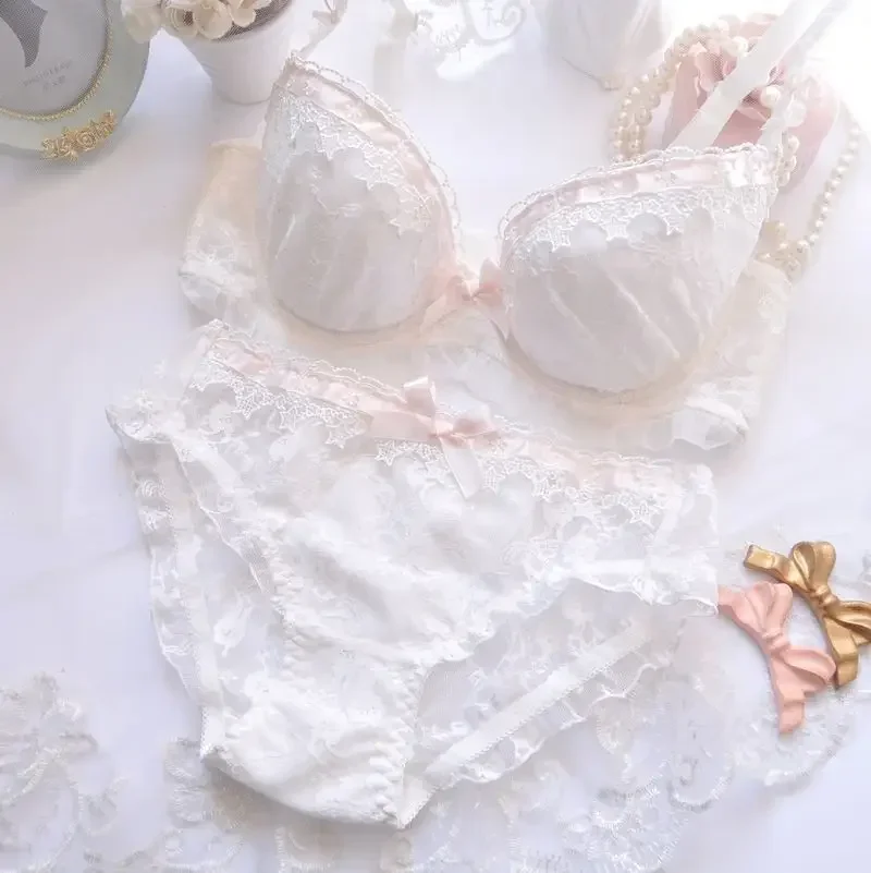 Japanese Water-soluble Embroidery Thin Cup Girl Cute Gathering Sexy Lingerie Set Large Bra Set