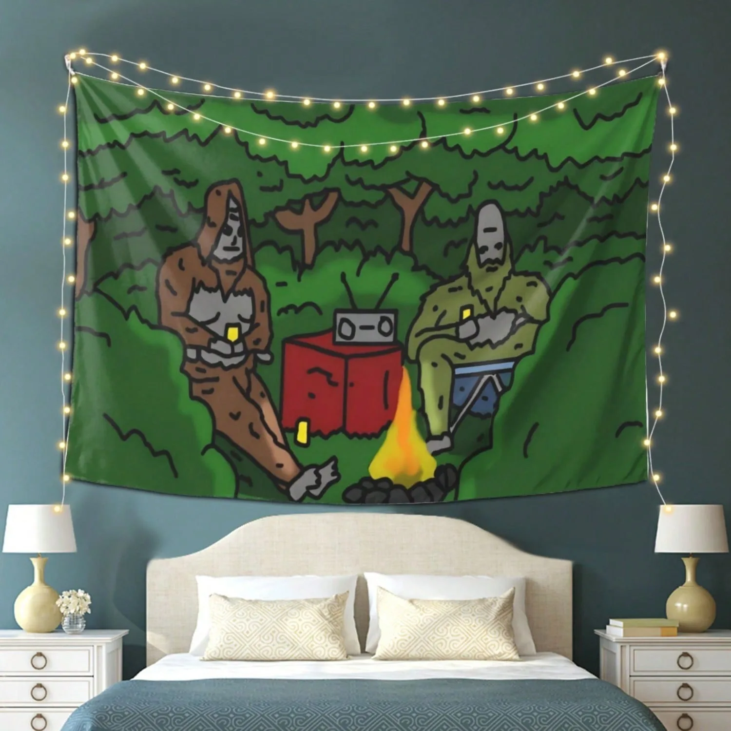 Lustige Bigfoot-Camping-Wandteppiche, Cartoon-Druck im Meme-Stil, grüner Wald-Wandbehang für Schlafzimmer und Studentenwohnheim