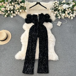 Amolapha Women Romper V-neck Feather Sequin Slim Waist Jumpsuit