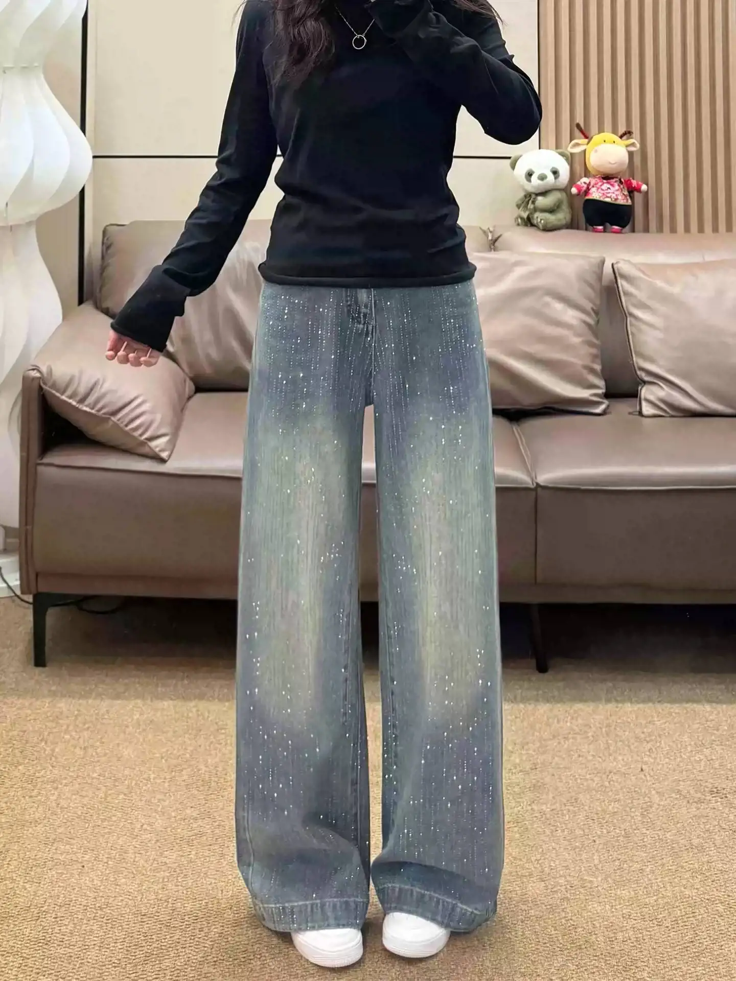 

Tianxing Rhinestone Wide Leg Jeans Women's Winter Fleece High Waist Loose Slim Straight Long Pants Popular Fashion Thick Deni...