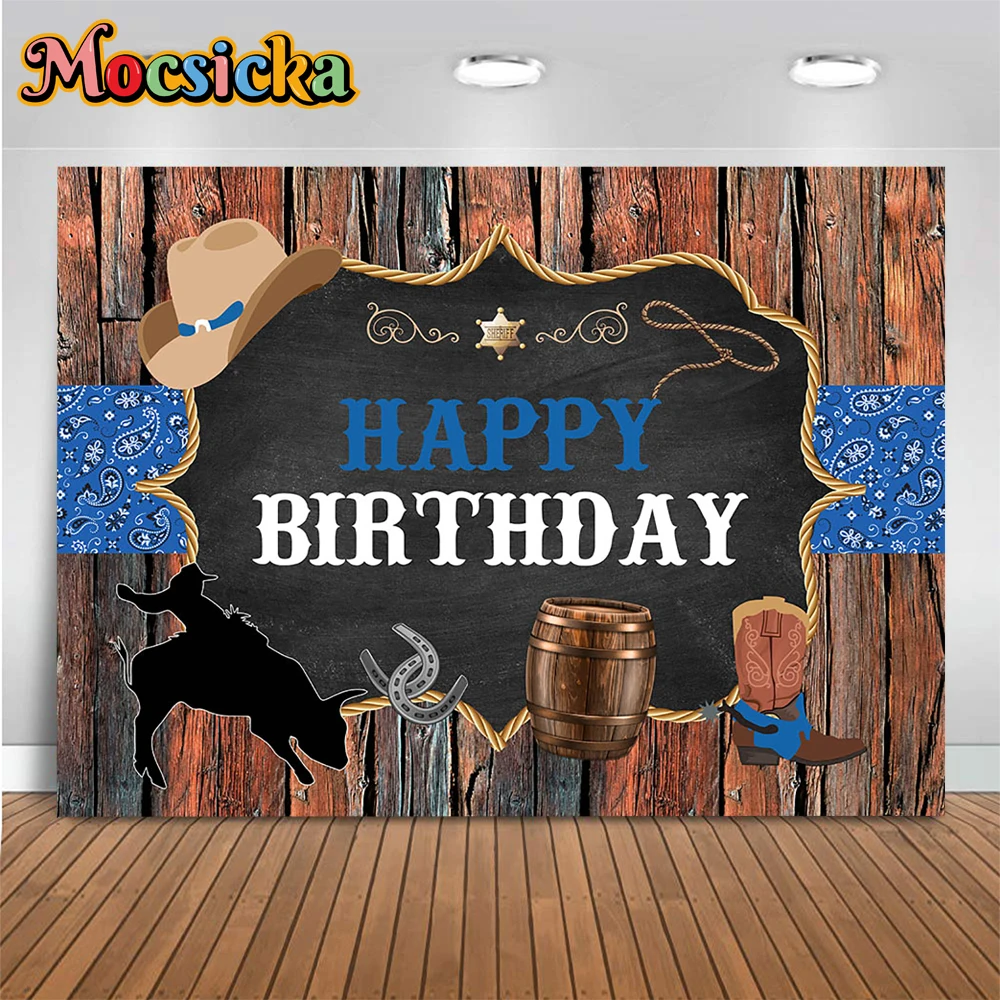 

Mocsicka Birthday Backdrop Cowboy Boy Country West Party Wooden Background Baby Rodeo Decoration Photobooth Prop Newborn Photo