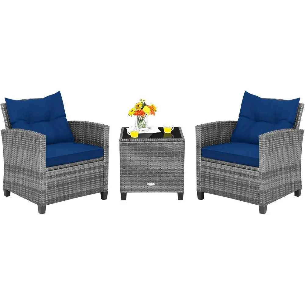 

3-Piece Outdoor PE Rattan Patio Furniture Set with Tempered Glass Table and Cushions